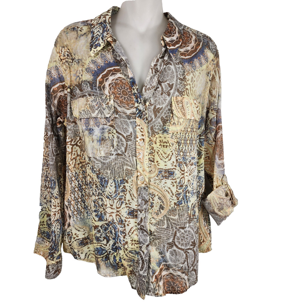 Chico's Women Shirt Button Up Long Tab Sleeve Printed Light Pockets Back Slit L